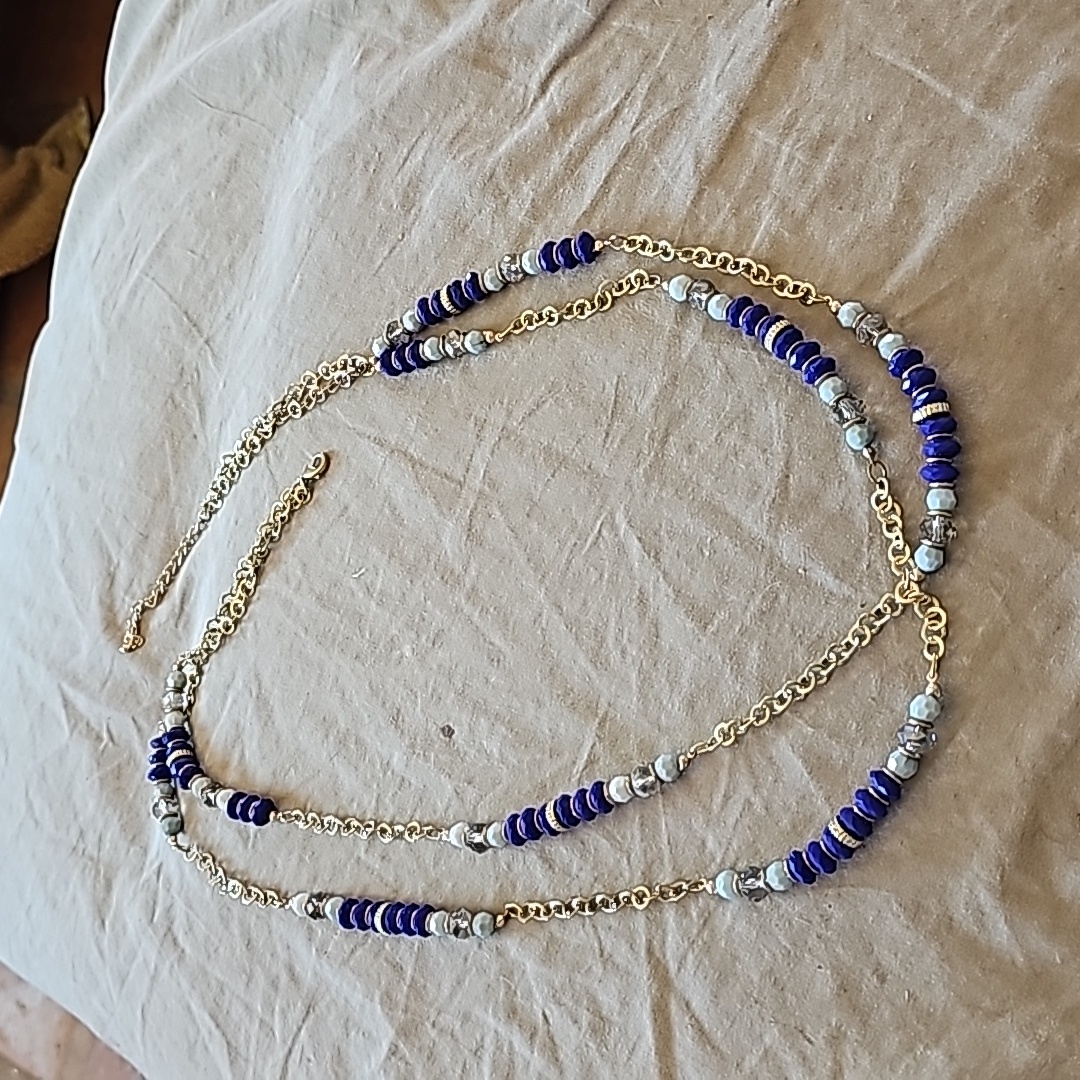 Blue Beaded Chain Necklace 36 Inch